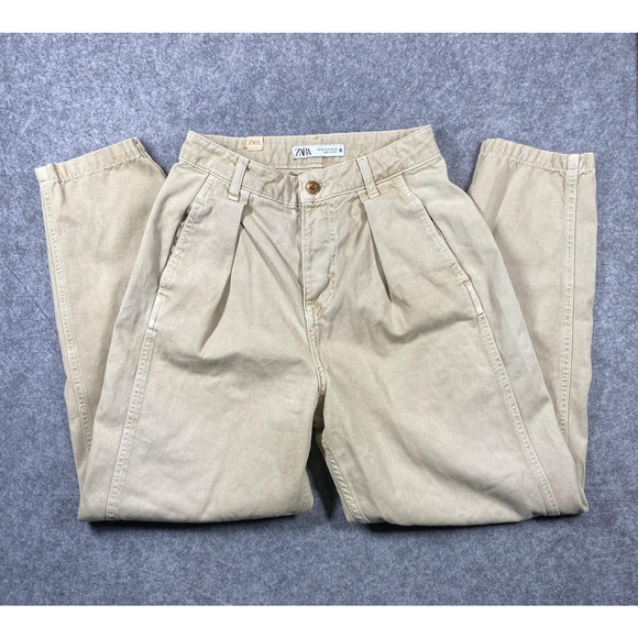Zara Pants Womens 2 Beige Pleated Relaxed Fit Parachute Button Fly Casual - Picture 1 of 13
